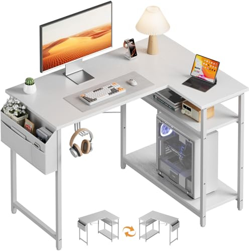 HLONONE Eckschreibtisch, Computertisch mit Verstellbare Ablagen, Umkehrbar Schreibtisch L Form mit Kopfhörer Halter & Aufbewahrungstasche, 110 x 80 cm Bürotisch für Heimbüro und Gaming, Weiß