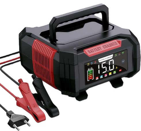 12 V 15 A bilbatteriladdare 12 V/24 V LiFePO4 blysyra, smart 9-stegs batteriladdare med LCD-skärm för bil, lastbil, motorcykel