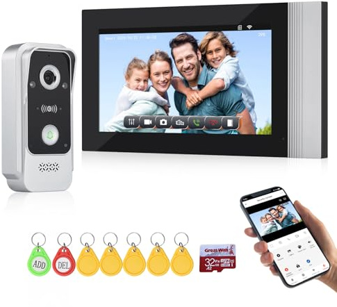 QttyElok Sistema de Videoportero con Timbre WiFi de 2 Cables, Cámara HD 1080P con Pantalla Táctil Color de 7 Pulgadas, Visión Nocturna, Grabación, Tarjeta RFID/App Tuya Desbloqueo Remoto