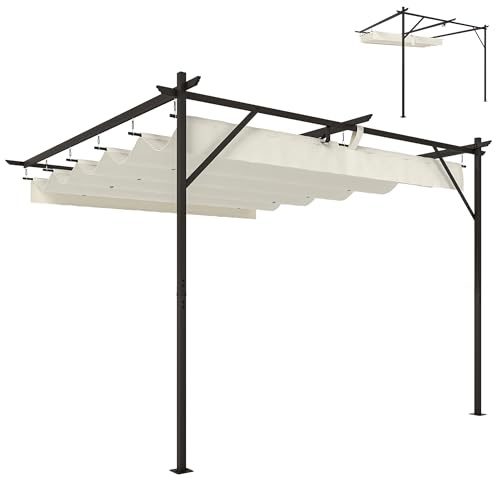 Outsunny Pérgola de Pared de Jardín 3x3 m, Cenador de Jardín con Techo Retráctil, Protección UPF30+, Orificios de Drenaje y Estructura Metálica, Pabellón para Patio, Terraza, Exterior, Blanco Crema