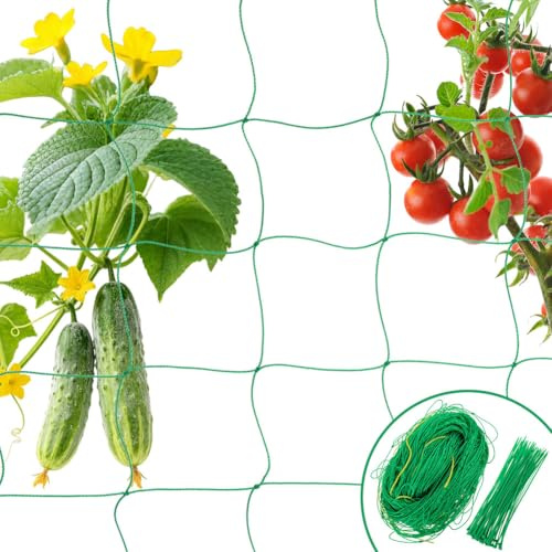 OFFCUP Ranknät för gurkor, 2x5M Ranknät för klätterväxter Växtnät med 50 växtbindare, Rankgitter Gurkanäet Rankstöd Trädgård Växthus Rankstöd för gurkor, tomater, bönor