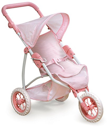 Badger Basket Foldable Jogging Style Doll Stroller - Adjustable Handle, Canopy, Straps & Basket - Fits 18-22 Dolls, Lightweight Toy for Girls Ages 3+ - Pink Gingham Design
