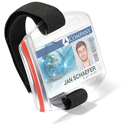 Durable Ausweishalter mit verstellbarer Armschlaufe, wasserdicht, UV- und kältestabil, 10 Stück, Ausweishülle transparent/Band schwarz, 841419