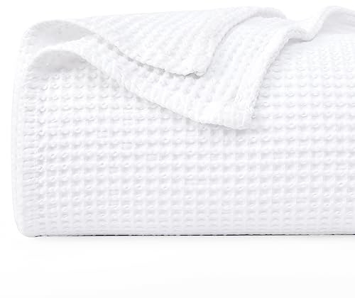 PHF Pre-Washed 100% Cotton Waffle Weave Blanket Twin Size for Bed,Snag Proof Throw Blanket for Couch Spring Summer Lightweight Breathable,Machine Washable, Home Decor Gift - White