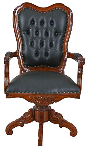 Mar149 Palazzo Fauteuil Chesterfield anglais pivotant en acajou vieilli avec revêtement en cuir synthétique et sculptures, style vintage, 118 x 60 x 53 cm