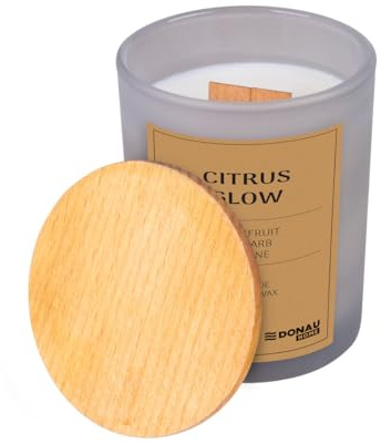 DONAU HOME Lussuosa Vegane Candela profumata al 100% in vetro grigio con coperchio in legno, stoppino in legno, pompelmo, rabarbaro melone, gelsomino, muschio, fatto a mano in UE