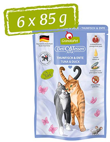GranataPet Delicatessen - Lot de 6 boîtes de 85 g de Nourriture Humide pour Chats - Thon et Canard - Nourriture pour Chats gourmets - sans céréales et sans Sucre ajoutés
