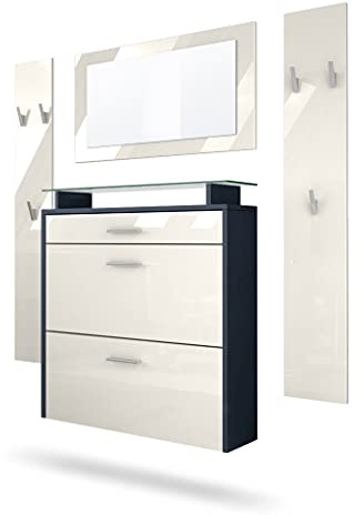 Vladon Malea Hallway Storage Set, Hallway Set with 1 Wall-Mounted Shoe Cabinet, 1 Wall-Mounted Mirror and 2 Coat Rack Panels, Anthracite matt/Cream High Gloss