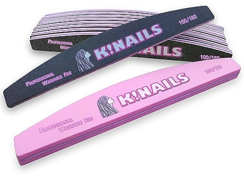 K!NAILS Limas Uñas 100 180 Profesionales y Lavables - Kit Manicura Profesional para eliminar Gel Acrilico Semipermanente - 10 Lima Uñas 100/180 Uso Doméstico y Salón con Buffer Abrillantador Regalo
