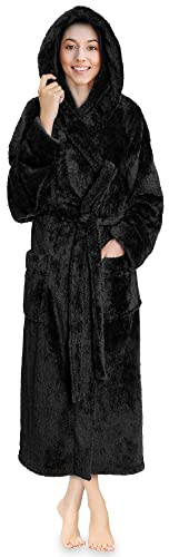 PAVILIA Women Hooded Plush Soft Robe | Fluffy Warm Fleece Sherpa Shaggy Bathrobe (2XL/3XL, Black)