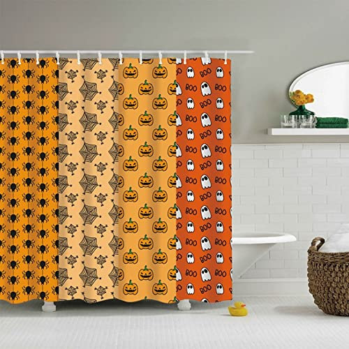 Rideau Douche Humoristique Orange, Rideau pour Salle de Bain 120 x 180 Rayures Araignée Toile d'Araignée Citrouille Fantôme Rideau de Douche Polyester
