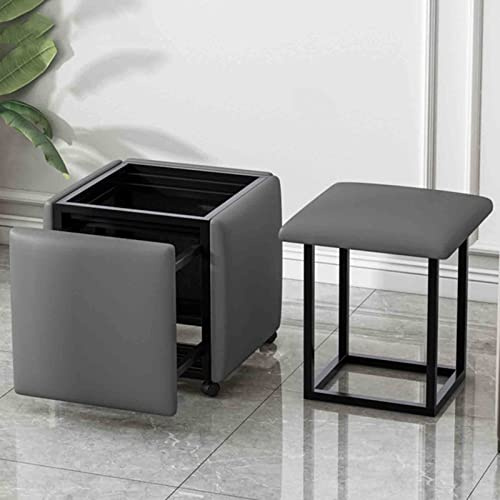 Taburete otomano anidado 5 en 1, silla apilable, sofá para el hogar, taburete de cubo mágico para comedor con asiento de cuero de napa, marco y ruedas de acero al carbono (Tamaño: 45x45x45 cm, Color: