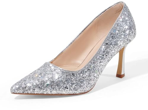 GENSHUO Tacco Alto 10 cm Punta Affilata Eleganza e Comfort Scarpe Classiche in Vernice e Glitter per Matrimoni Lavoro, Scintillio Argento, 41 EU