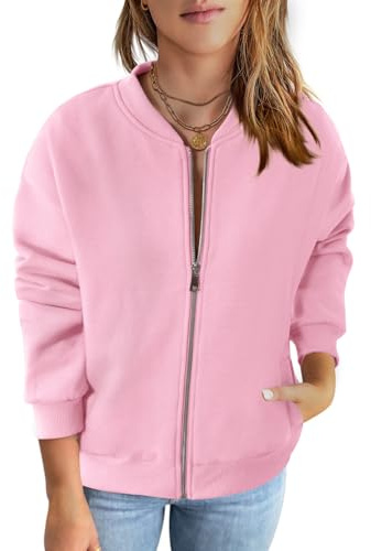 MEROKEETY Basic Zip Front Sweatshirts Crew Neck Solid Color Casual Coat Jacket for Women, Pink, Small