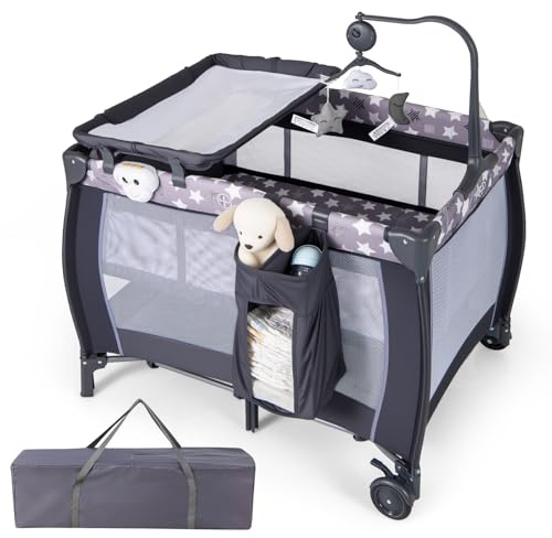 COSTWAY 3 in 1 Portable Travel Cot, Folding Baby Bassinet and Activity Playpen with Changing Table, Mattress, Music Box, Hanging Toys, Wheels and Carry Bag, Baby Crib Bed for Boys Girls (Grey)