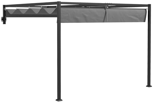 Outsunny Pergola Gazebo 3x4 m con Tettuccio Retrattile e Fori di Drenaggio, Pergola da Giardino in Acciaio e Poliestere con Picchetti e Viti, Grigio Scuro