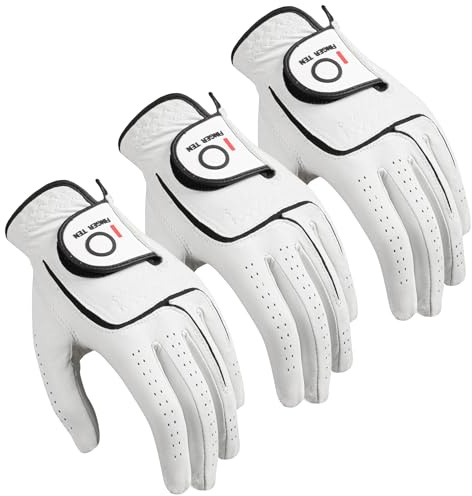 FINGER TEN Golf Gloves Men Right Handed Left Golfer Cabretta Leather Value 3 Pack, Men's Glove Soft Grip Cadet Size Small Medium Large XL XXL (Natural White, Medium/Large, Left)