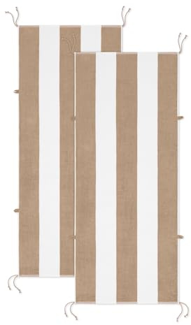 Arkwright Tie-and-Dry Beach Towel, 2-Pack, Clip-Free Pool Chair Cover with Rope Ties Holder for Outdoor Patio Chaise Lounge, 420GSM Cabana Stripe, Oversized 30 x 70 in, White Pepper Beige
