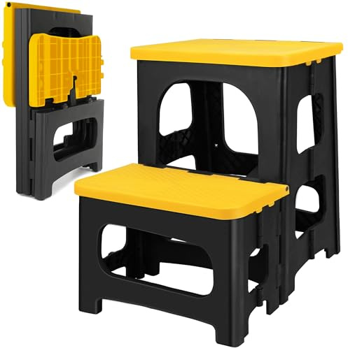 Amoise Folding 2-Step Stool, Non-Slip Portable Footstool 8 & 17 Dual Heights, Holds 300 lbs, Portable Footstool for Kitchen Home Toilet Bedroom Office Bathroom RV(Yellow)