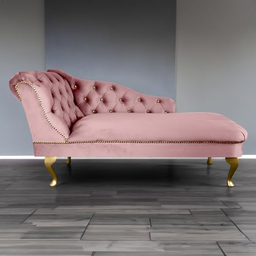 Paradise Furniture RegentTufted Chaise Lounge Sofa & Seating Handmade Velvet Living Room Bedroom Hallway Gold Accent Chair… (Left Hand, Pink)