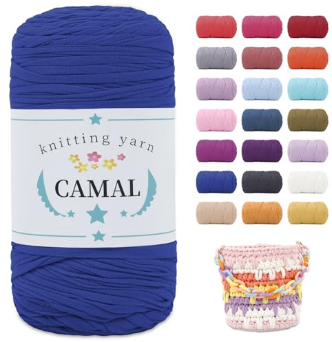 CAMAL Fil Crochet pour Sac, 400g Tshirt Yarn Élastique Tissu Fil pour Crochet 120m Chunky Polyeste Yarn pour Tricot Sac, Chapeau, Écharpe, Décoration (Bleu royal)