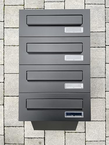 ALSTEN TECH 4er Vierfach Mauerdurchwurf Briefkasten für Mehrfamilienhaus oder Büro - Briefkastenanlage zum Einmauern - 4 Familienhaus 4fach mit Namensschild Schwarz Matt RAL 9017 Einbaubriefkasten