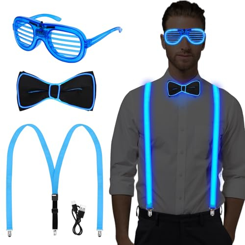 Hysagtek Lot de 3 bretelles lumineuses pour homme réglables avec nœud papillon LED et lunettes – 3 modes LED pour fête costumée et mascarade