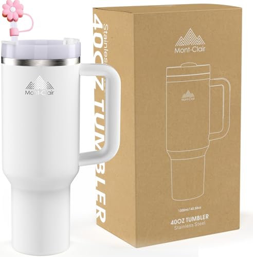 Tumbler 40oz - Taza Termica Cafe para llevar con Pajita y Tapa - Vaso Termico Acero Inoxidable con Asa - Bebidas frías y calientes - Fría durante 10 horas - Helada durante 48 horas - 1200ml - Escarcha