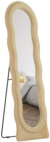 HOMCOM Espejo de Cuerpo Entero 160x50 cm Espejo de Pie o de Pared Diseño Ondulado Marco con Tela de Terciopelo para Salón Dormitorio Beige