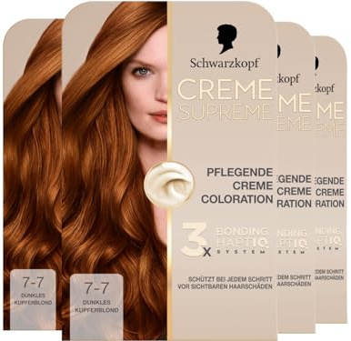 Schwarzkopf Creme Supreme Coloration 7-7 Dunkles Kupferblond (4x 182 ml), dauerhafte Haarfarbe mit Serum und Haar-Maske schützt vor sichtbaren Haarschäden, für 100% Grauabdeckung