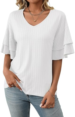 ASKSA Femme T-Shirt Col V Chemisiers et Blouses à Manches Courtes à Volants Été Haut Top Femme Chic et Élégant (Blanc,2XL)