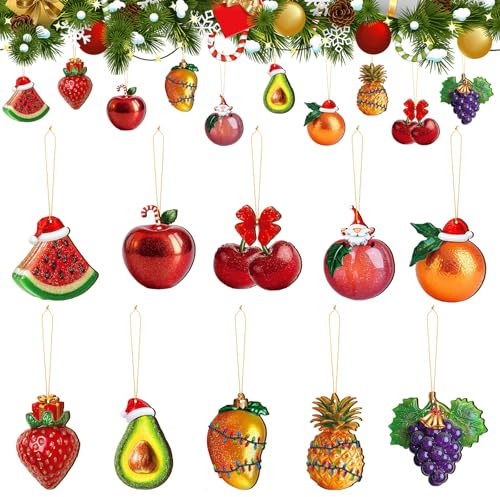 Vercraft 20 Pcs Fruit Christmas Ornaments with Santa Hat Wooden Cutouts