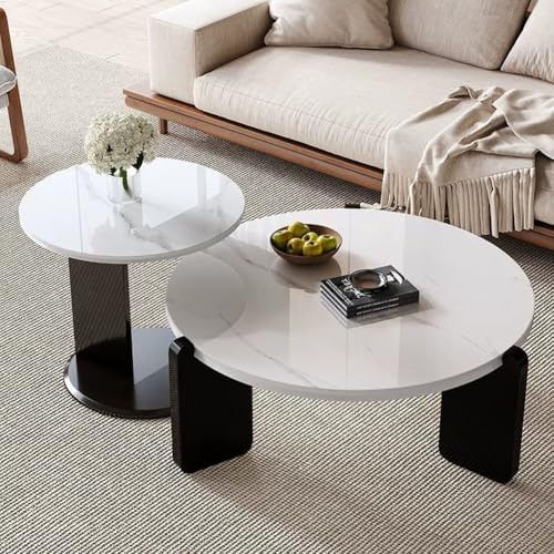 Tables basses rondes gigognes pour salon, lot de 2 tables basses rondes gigognes, lot de 2 tables d'appoint rondes, tables centrales avec pieds en bois massif pour chambre, bureau, salle à manger, noi
