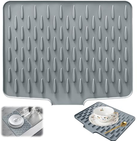 Tappetino Scolapiatti Silicone Grigio, 40x32,5 cm Tappeto Scolapiatti Cucina con Beccuccio di Scarico, Tappetino Pieghevole in Silicone Antiscivolo, Resistente al Calore per Stoviglie, Frutta, Verdura