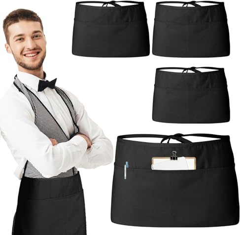 YdseozOA 4 grembiuli da cameriere con 3 tasche, mezzo grembiule per uomo e donna da cucina corto per cuoco, fornaio, ristorante, cameriere, lavoro, bar, caffetteria