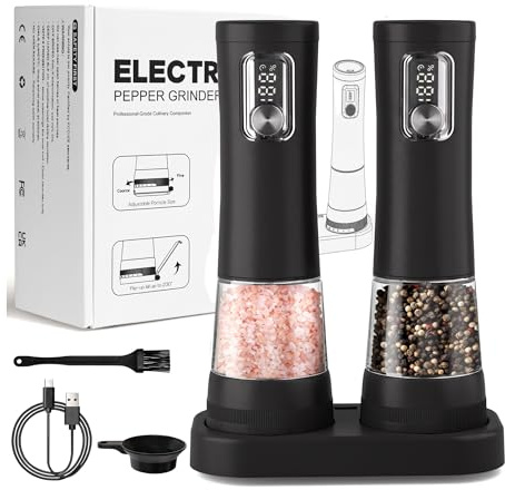 Electric Salt and Pepper Grinder Set, 2 Pack Rechargeable Automatic Pepper Mill, with Charging Base,5-Level, Display, LED Lighting,Large Capacity, Kitchen Gifts (2, Black-B, USB Charging Base)