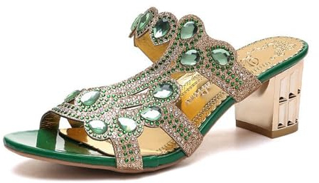 Sandales romaines d'été 2026 pour femme avec lanières en strass - Talon moyen - Chaussures à enfiler - Chaussures de plage confortables pour les loisirs, les fêtes en plein air, les mariages