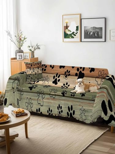 Sage Green Brown Sofa Cover Blanket Couch Covers for Armchair Cushion,Couch Sofa Silpcover with Tassel,Farmhouse Dog Paw Vintage Living Room Bedroom Throw Towel Blanket Covers XX-L 71x150