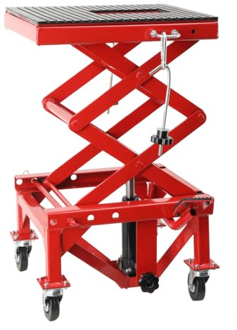 ECUTEE Sollevatore Idraulico per Moto con Pedale, Cavalletto Centrale a Pantografo per Moto, ATV, Enduro – Regolazione Altezza 350‑905 mm, Carico Max 158 kg, con 4 Ruote e Rotelle Universali
