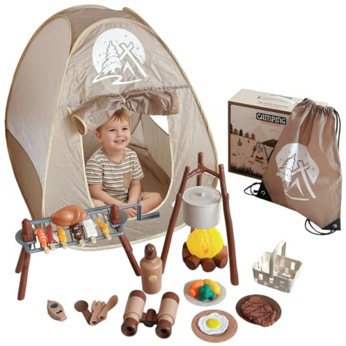 Ensemble de Camping pour Enfants 34 pièces, Jouets de Camping avec Tente, Gril Rotatif et feu Camp, Jouets d'aventure en Plein air pour Les Tout-Petits âgés 3 à 5 Ans