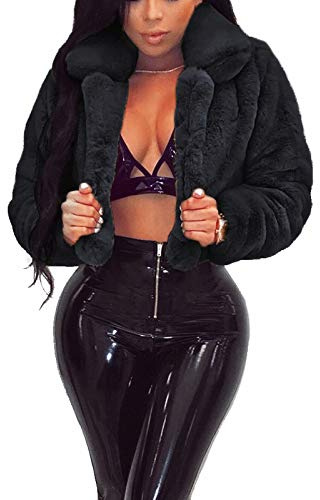 RAMOUG Fashion Stand Up Collar Elegant Coat for Women Faux Fur Cardigan Cropped Jacket L Black