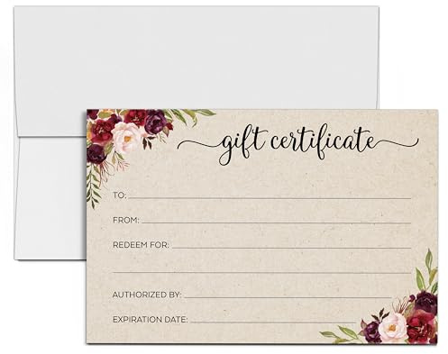 321Done Blank Floral Gift Certificates with Envelopes, 4x6 Tan - Made in USA, Generic Fill-in Vouchers for Small Business, Spa, Salon, Birthday Coupon, Work Gift Cards - Set of 24