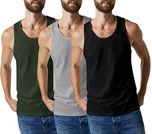 3 X Mens Vests 100% Cotton Tank Top Summer Training Gym Pack Interlock S - 5XL (1 x Black 1 x Grey 1 x Olive, 5XL)