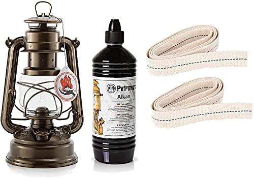 Feuerhand Starter-Set Sturmlaterne Baby Special 276 Set mit 1 Liter Alkan und 2 Ersatz-Dochten (Bronze)