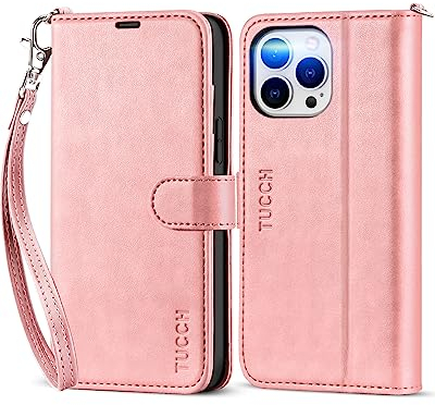TUCCH Hülle für iPhone 13 Pro Max Flip Case mit Band magnetische Klapphülle [Verdicktes TPU] [Standfunktion] [Kartenfach], Schutzhülle kompatibel mit iPhone 13 Pro Max (6,7 Zoll) Rosegold