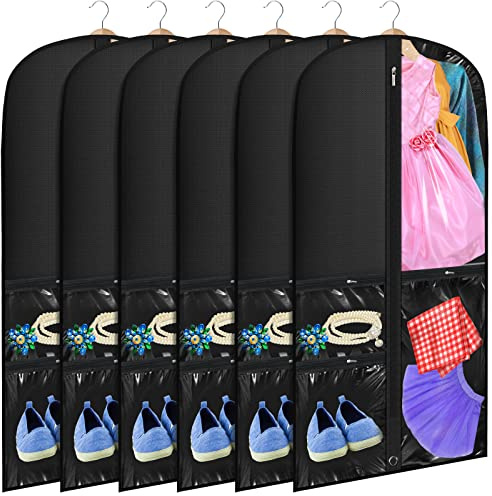 Woanger 6 Pcs Garment Bags for Dance Costumes Clear PVC with Zippers Garment Bag with Pockets Dance Costume Organizer Carrier for Storage Cover for Adult(Black,20'' X 40'')