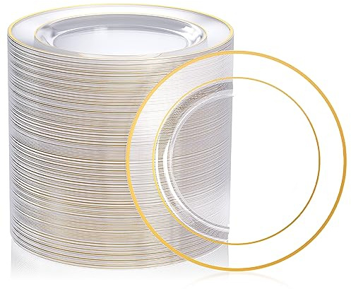 FOCUSLINE 7 Inch Small Clear Gold Plastic Plates 100 Count, Disposable Heavy Duty Clear Plates with Gold Rim, Premium Hard Plastic Plate Fancy Disposable Salad Plate for Wedding Parties