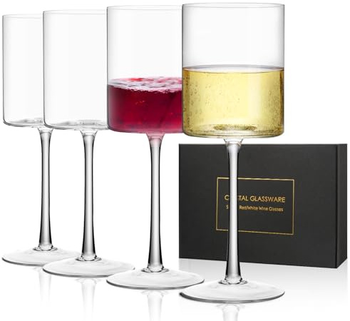 White Wine Glasses Set of 4, Premium Crystal 450ml Square Wine Glasses Hand Blown, Thin Rim, Long Stem, Perfect for Red & White Wine, Gift Packaging Daily Use, Wedding Anniversary Birthday
