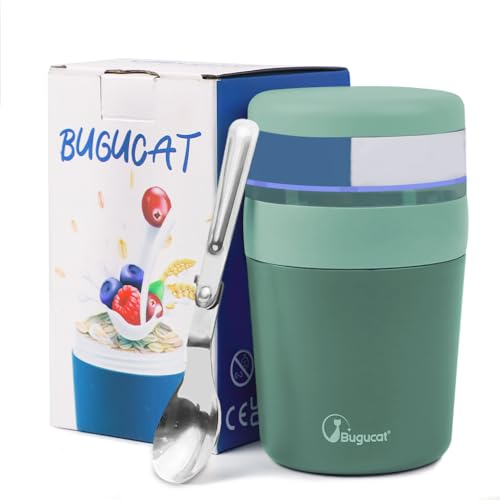 Bugucat 2in1 Müslibecher to Go 500ml+150ml, Praktischer Joghurtbecher & Müslibecher für Picknick, Auslaufsicherer Lunchpot Joghurtbecher to Go mit Löffel, Salatbecher Yoghurt to Go mit Löffel, Grün
