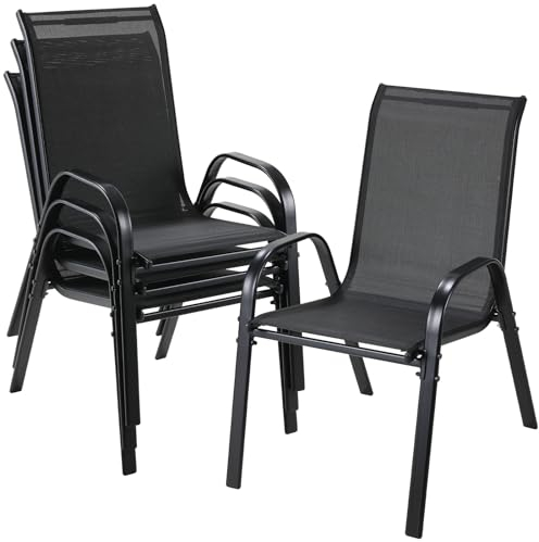 LIFERUN 4er Set Gartenstühle Stapelstuhl Camping Stapelbar Hochlehner Terrassenstuhl Textilene Stahlgestell für Gärten Innenhöfe Balkone Restaurants 150 kg Belastbar 54 x 69 x 93cm Schwarz